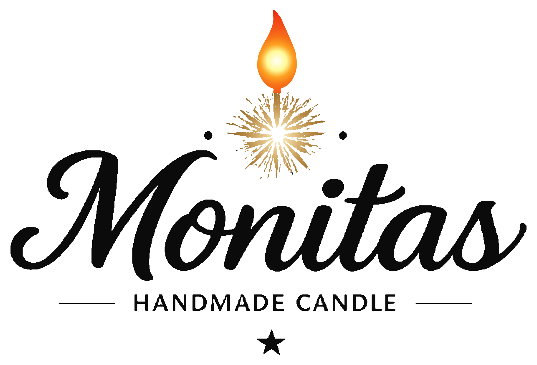 Logotipo de Monitas: llama de vela sobre un destello dorado, con la palabra Monitas en letra manuscrita